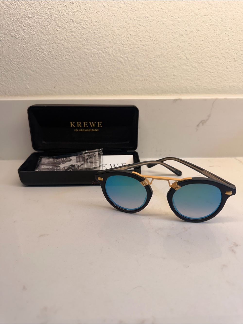 KREWE Black & Gold Sunglasses with Blue Mirrored Lenses